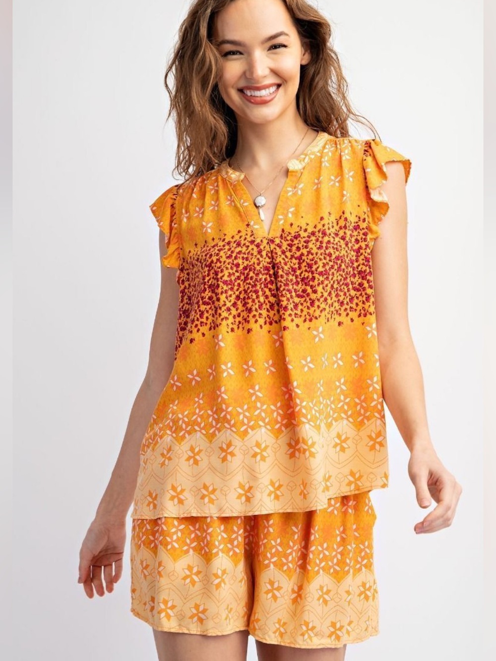 Easel Orange Floral Border Flutter-Sleeve Tunic